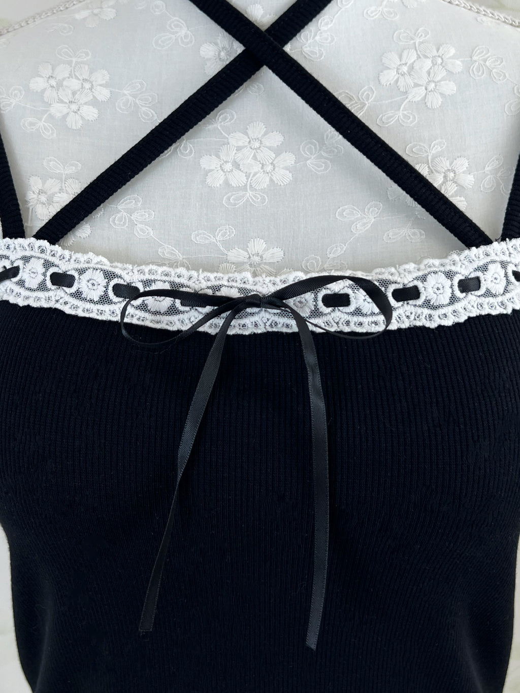 Cotton Lace Cross Neck Camisole (Black)
