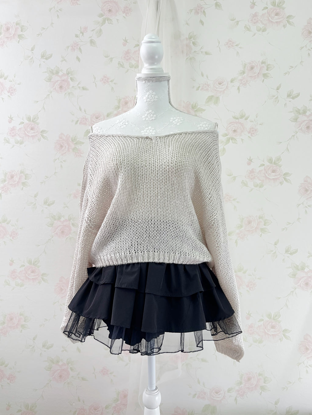 Tulle Hem Tiered Skirt (Black)