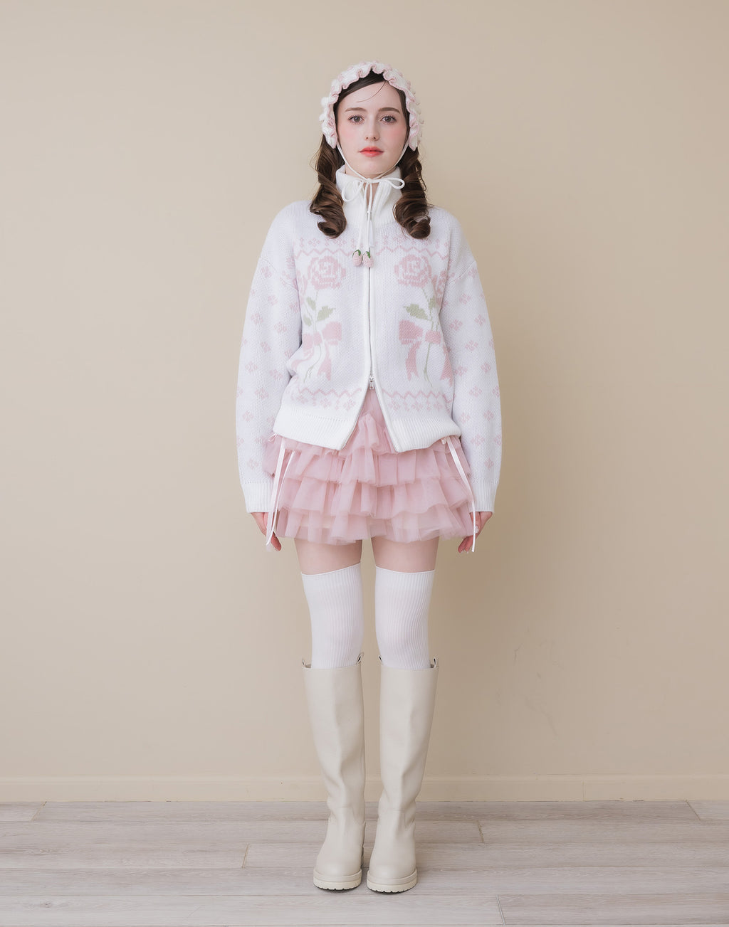 Lolime ribbon & floral cowichan knit zip up