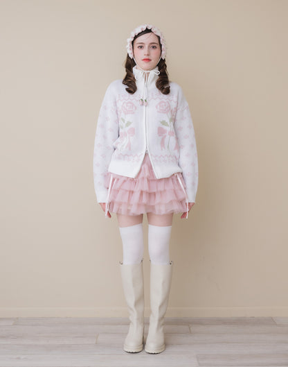 Lolime ribbon & floral cowichan knit zip up