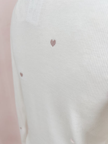 Heart Embroidery Long Sleeved Top (White)