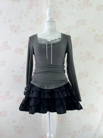 GRL Side String Camisole & T-Shirt Set (Gray)