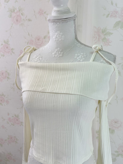 GRL Y2K Off Shoulder String Wide Sleeve Top (Ivory)