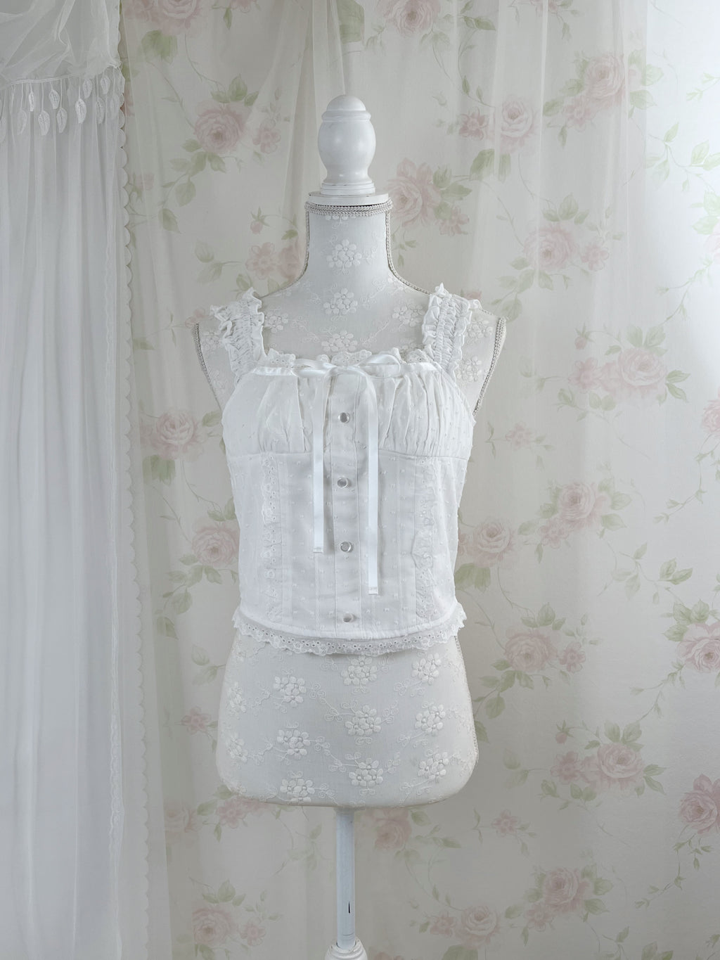 Cotton Lace Gather Strap Top (White)