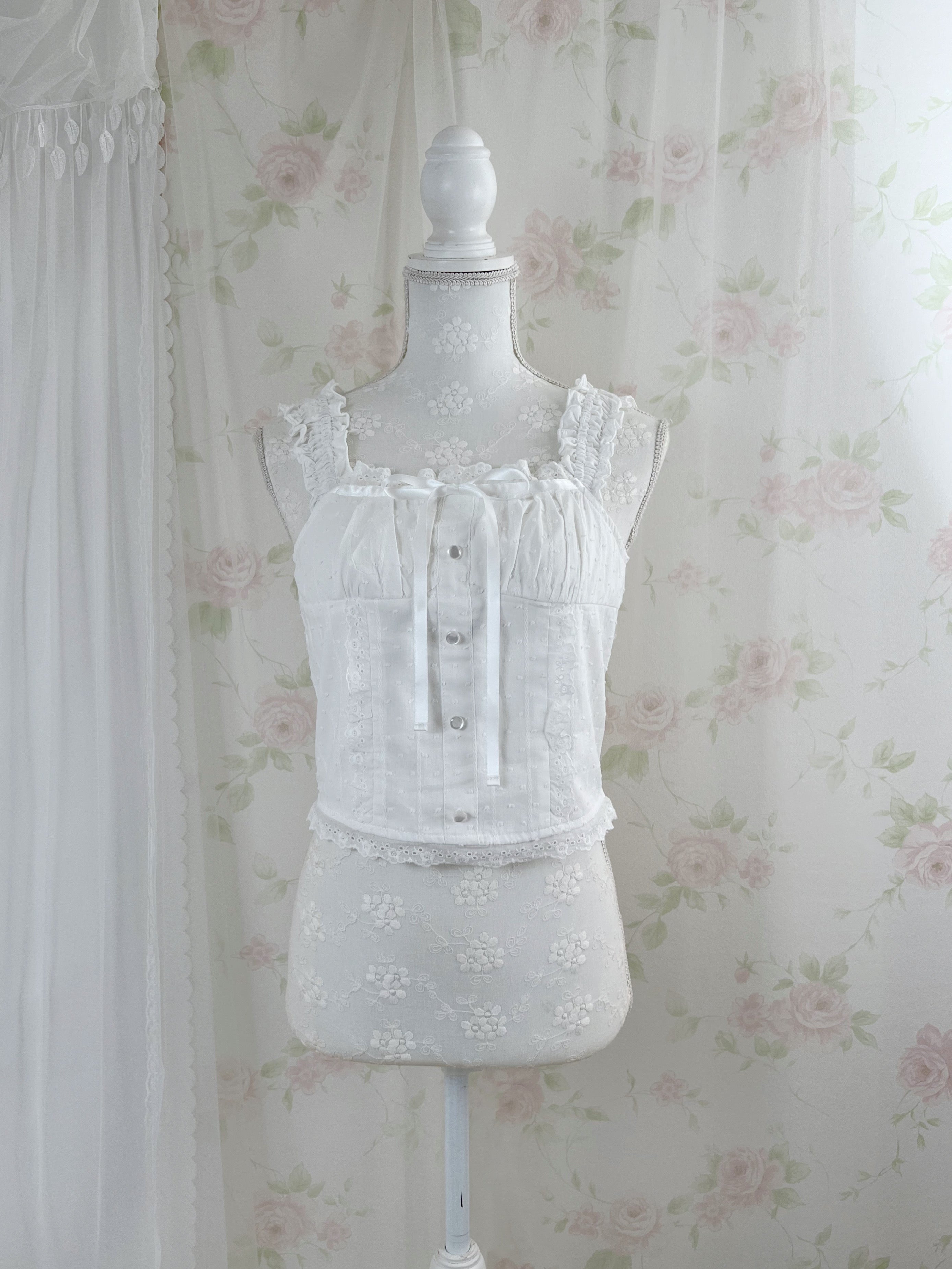 Cotton Lace Gather Strap Top (White)