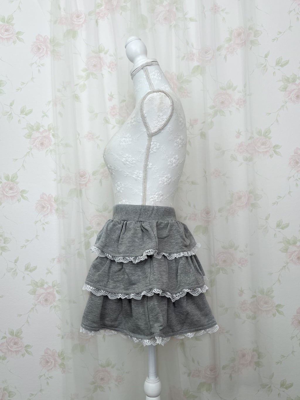 One Shoulder Top&Lace Sweat Skirt Set (Gray)