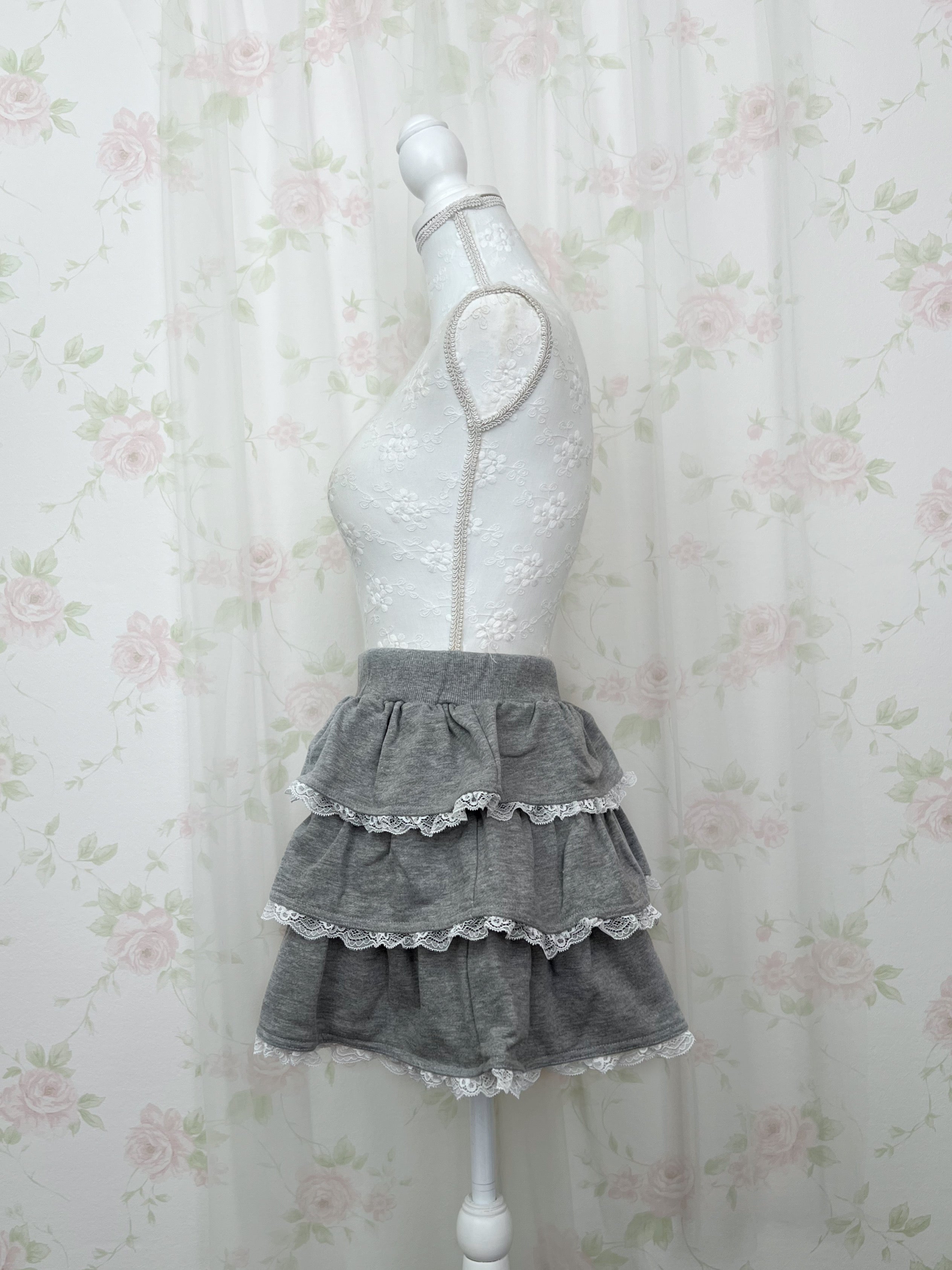 One Shoulder Top&Lace Sweat Skirt Set (Gray)