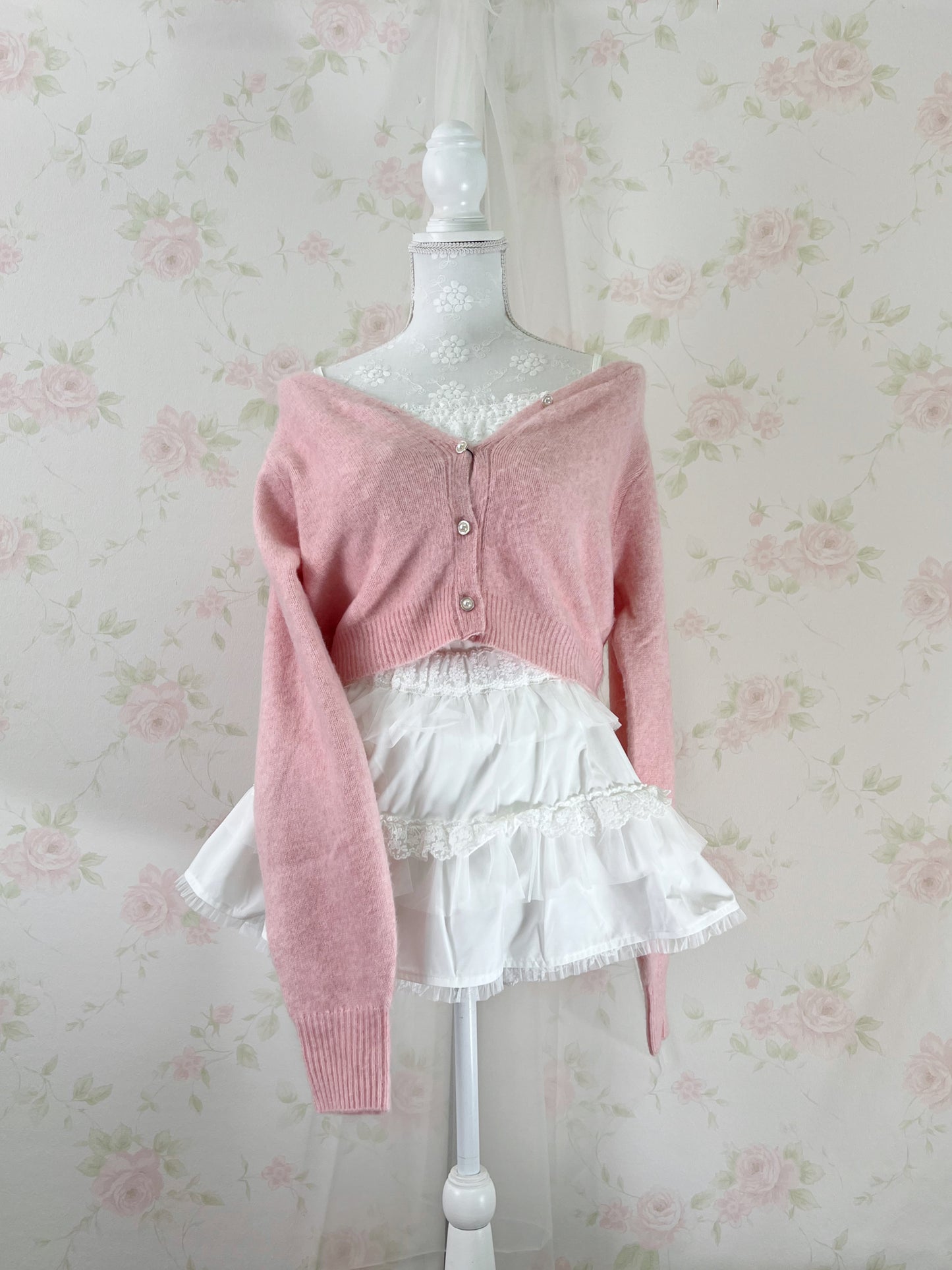 Mohair Touch Pearl Button Cardigan (Pink)