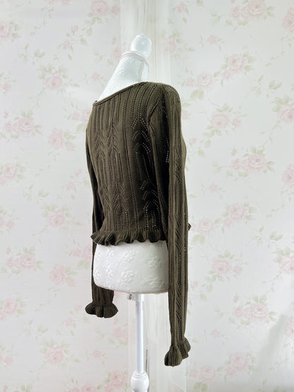 Y2K Double String Ruffled Hem Cardigan (Khaki)