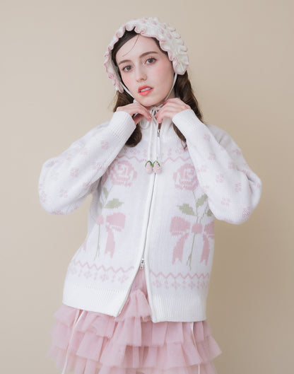 Lolime ribbon & floral cowichan knit zip up