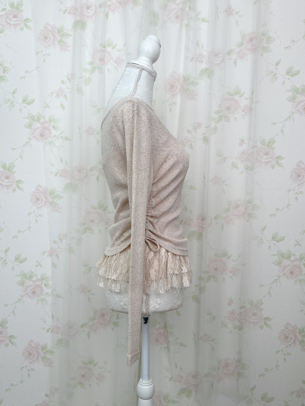 One Shoulder Knit Lace Camisole Set (Pink Beige)