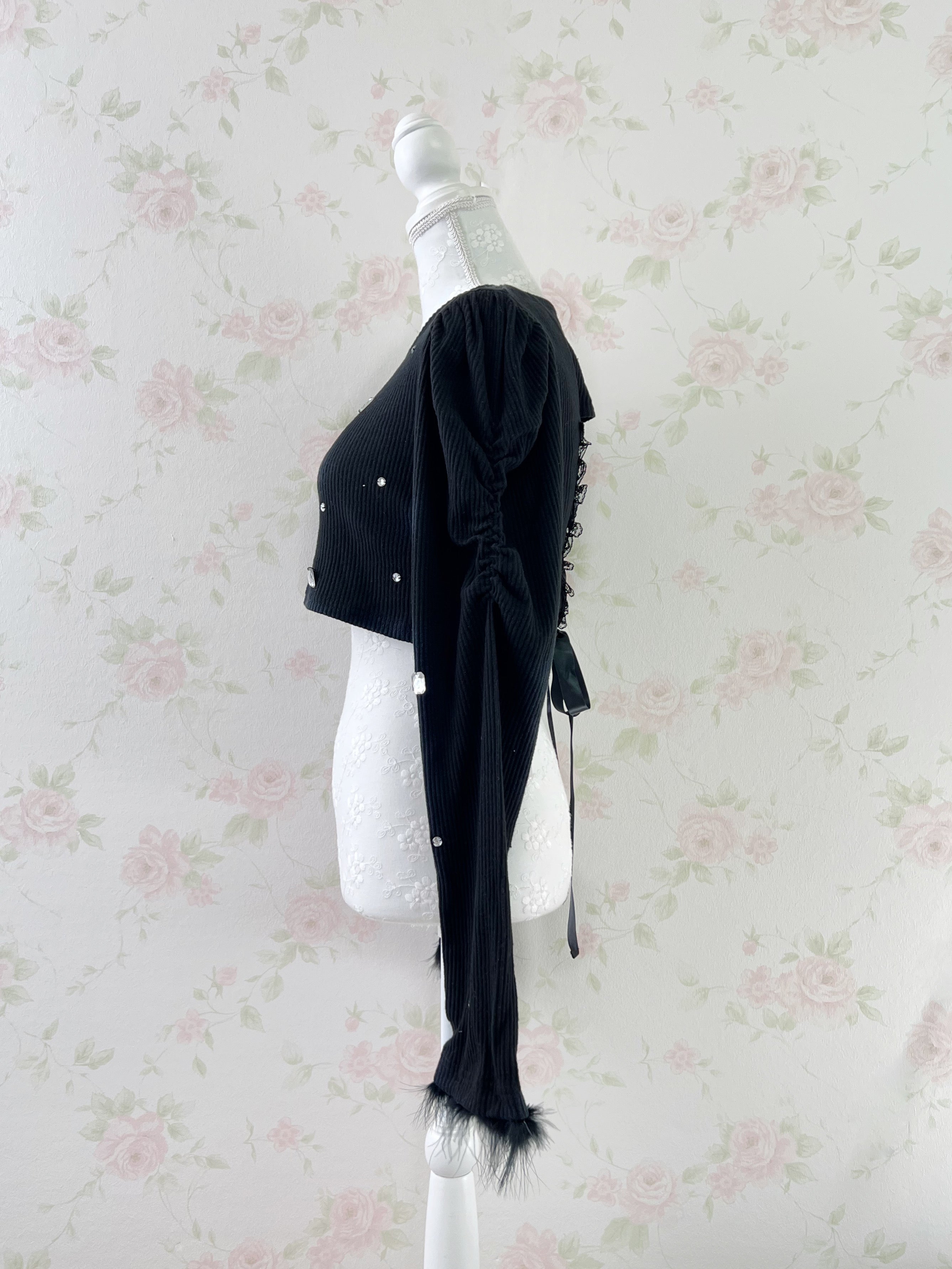 Ank Rouge Back Laced Up Feather Sleeve Top (Black)