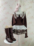 Ruffled Hem Knitted Camisole Cardigan Set (Chocolate)