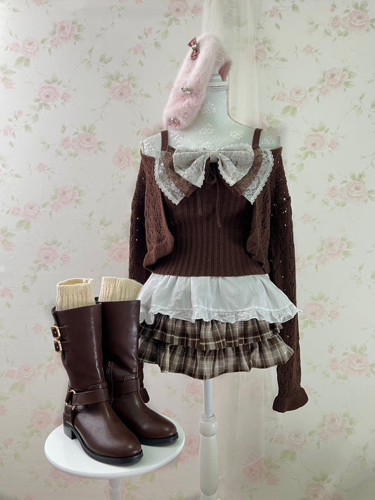 GRL Ruffled Hem Knitted Camisole Cardigan Set (Chocolate)