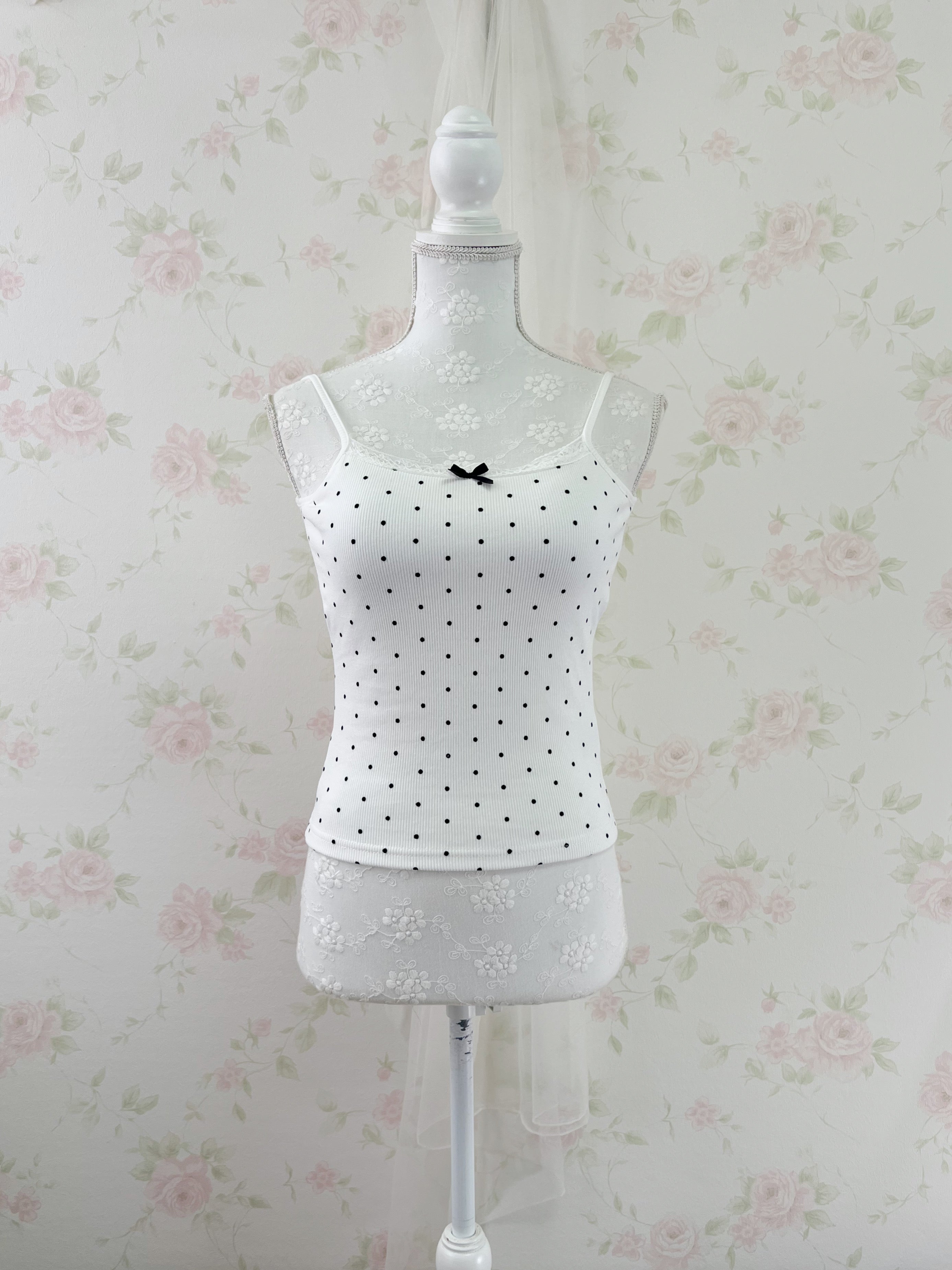Lace Bow Polka Dot Camisole With Cups (White)