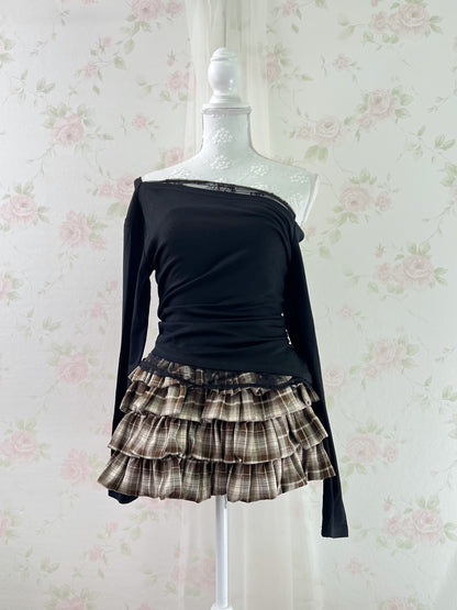 GRL Lacy Tulle Long Sleeved One Shoulder Top