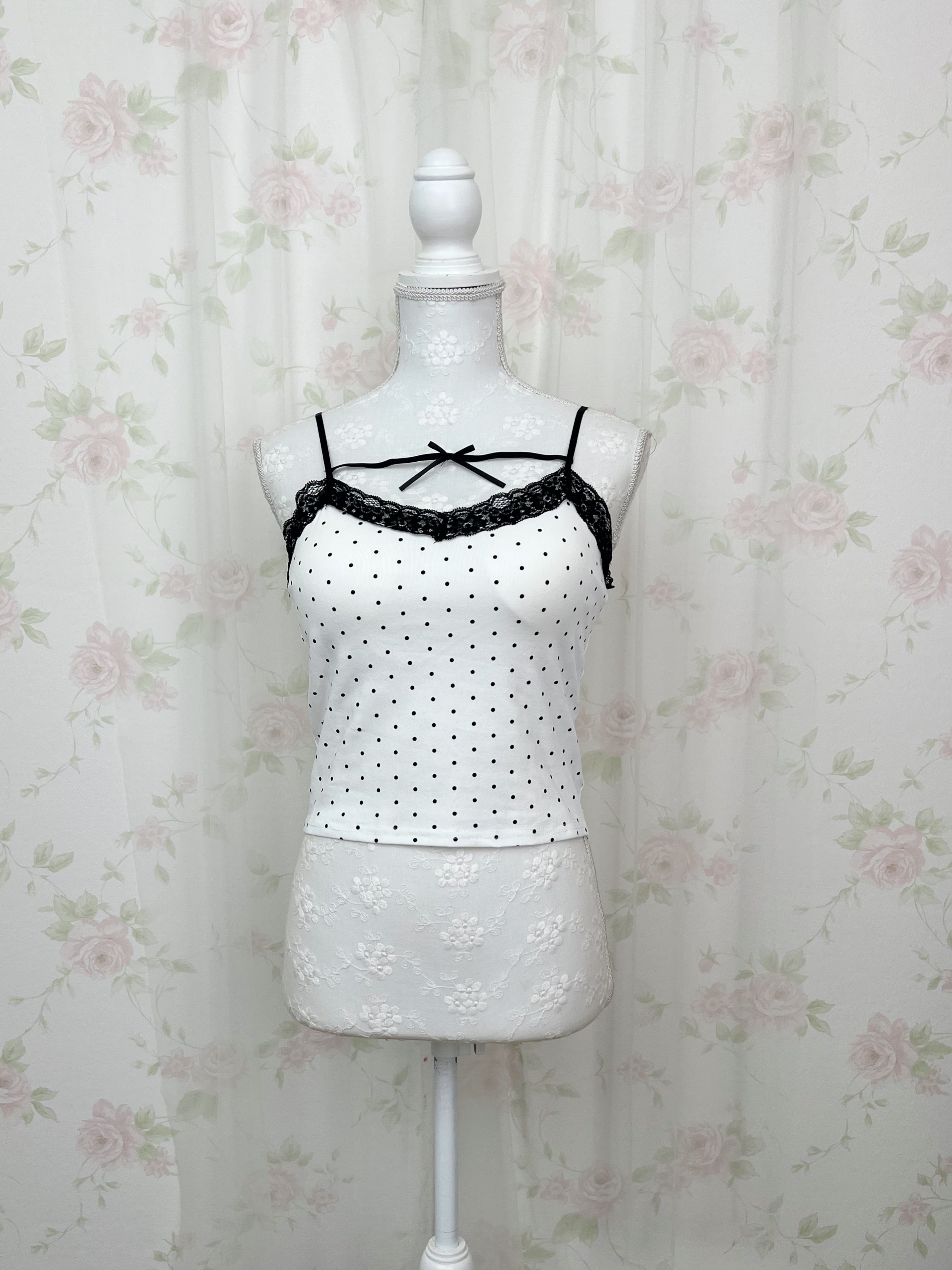 Polka Dot Cotton Front Ribbon Camisole (White)