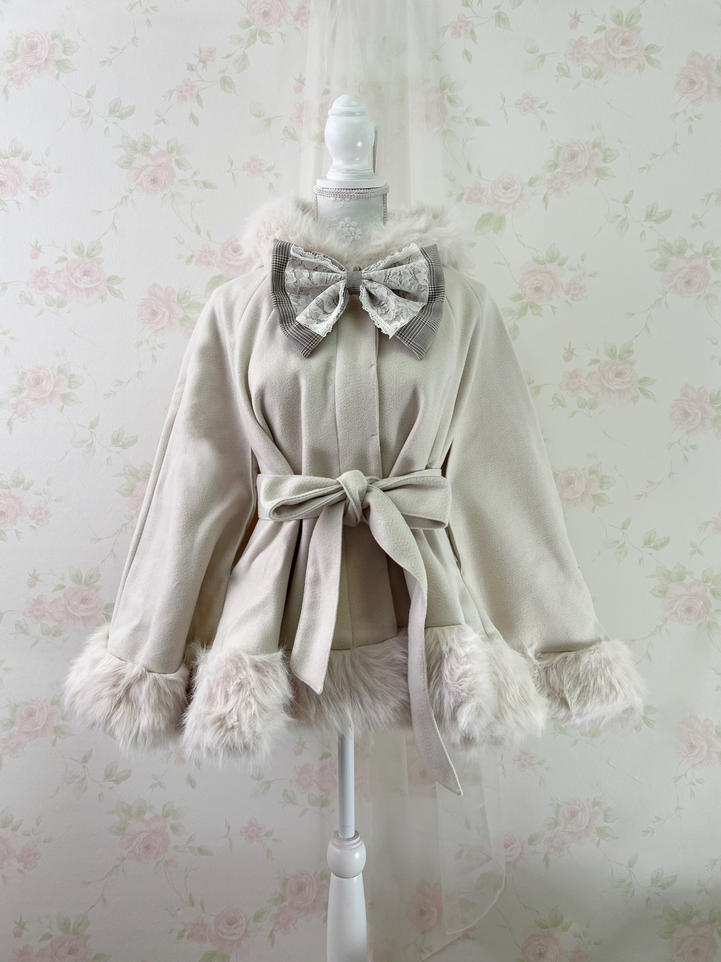 GRL Fake Fur Hood Poncho Coat (Ivory)