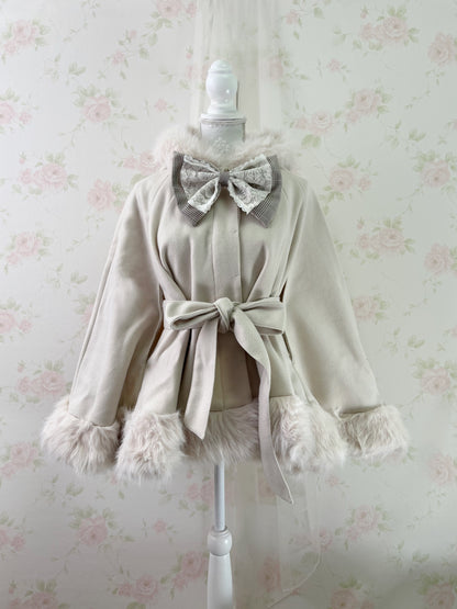 GRL Fake Fur Hood Poncho Coat (Ivory)