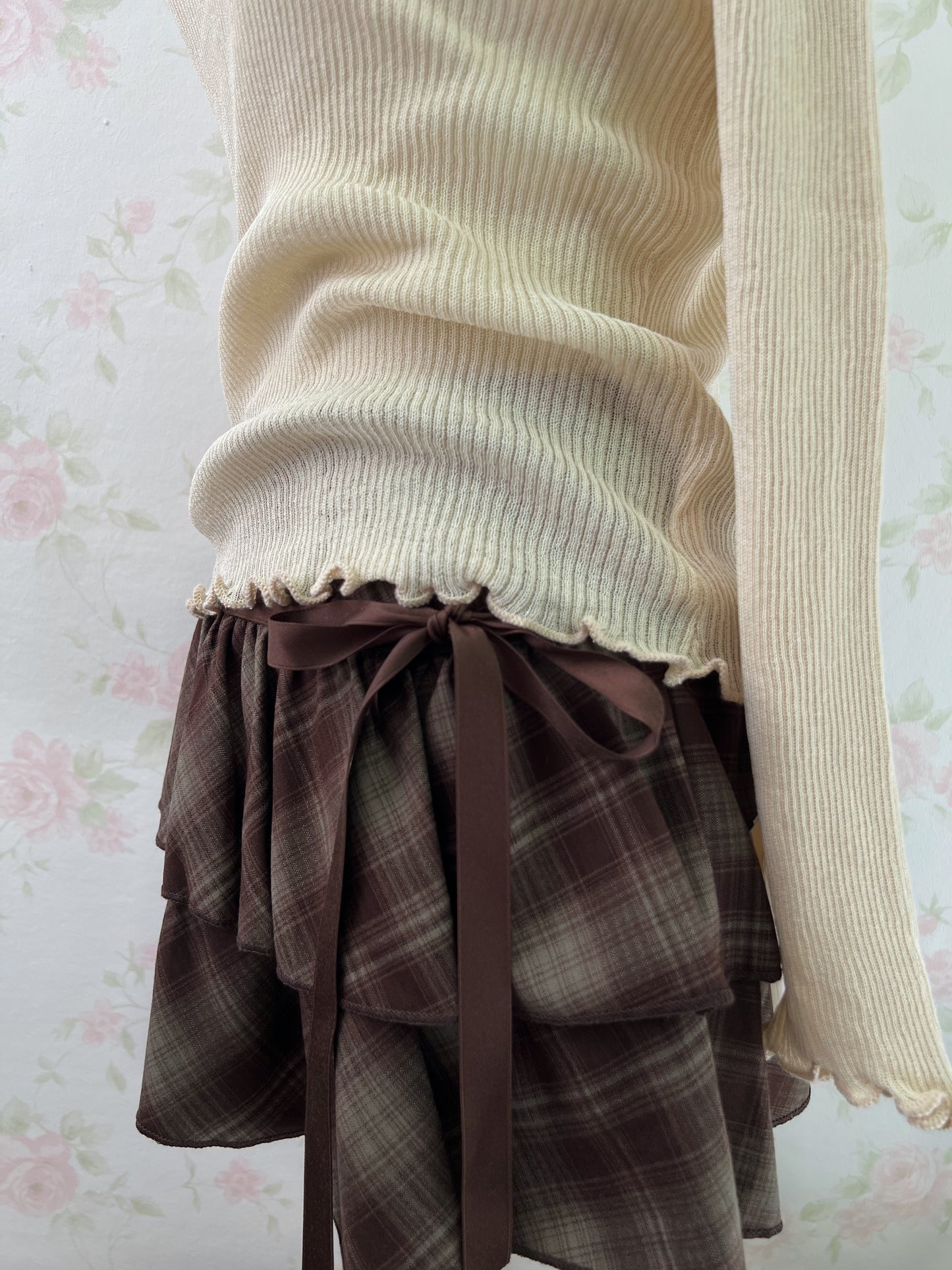 Side Bow Checked Shoujo Mini Skirt (Brown)