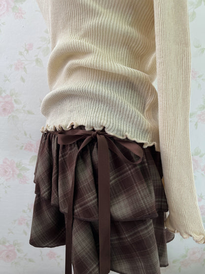 Side Bow Checked Shoujo Mini Skirt (Brown)