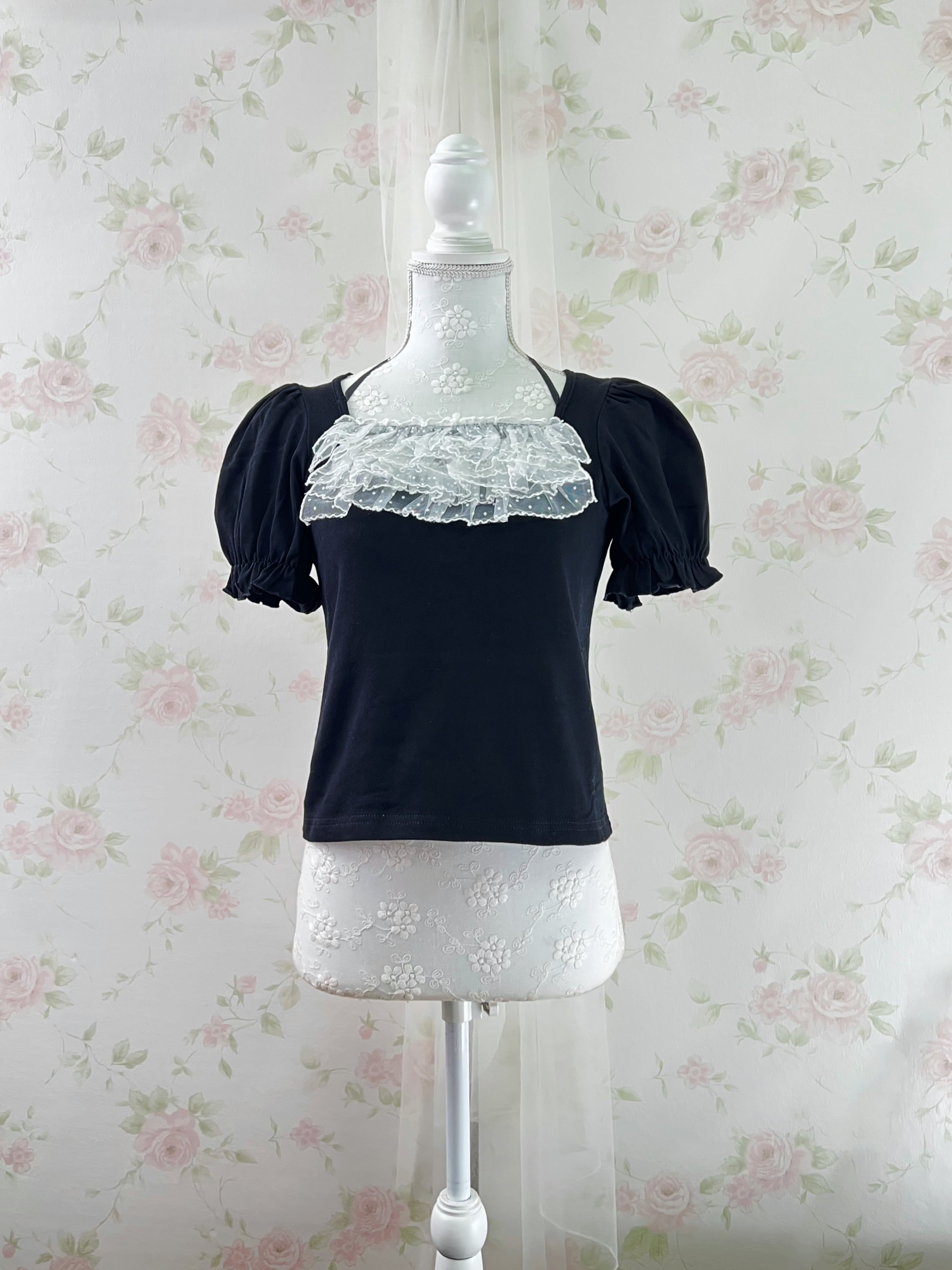 evelyn Polka Dot Frill Girly Top (Black)