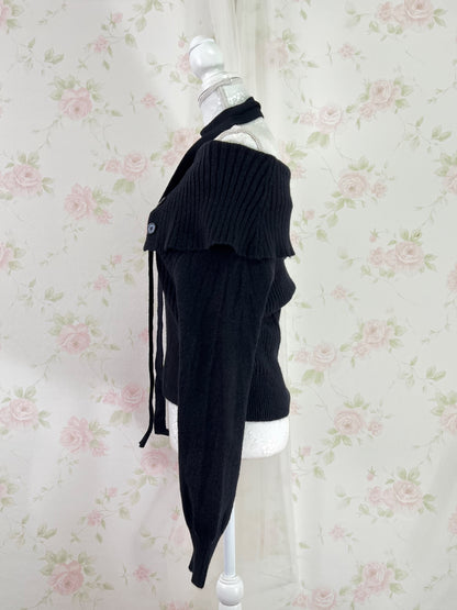 Off Shoulder With Scarf Knit Top (Black)