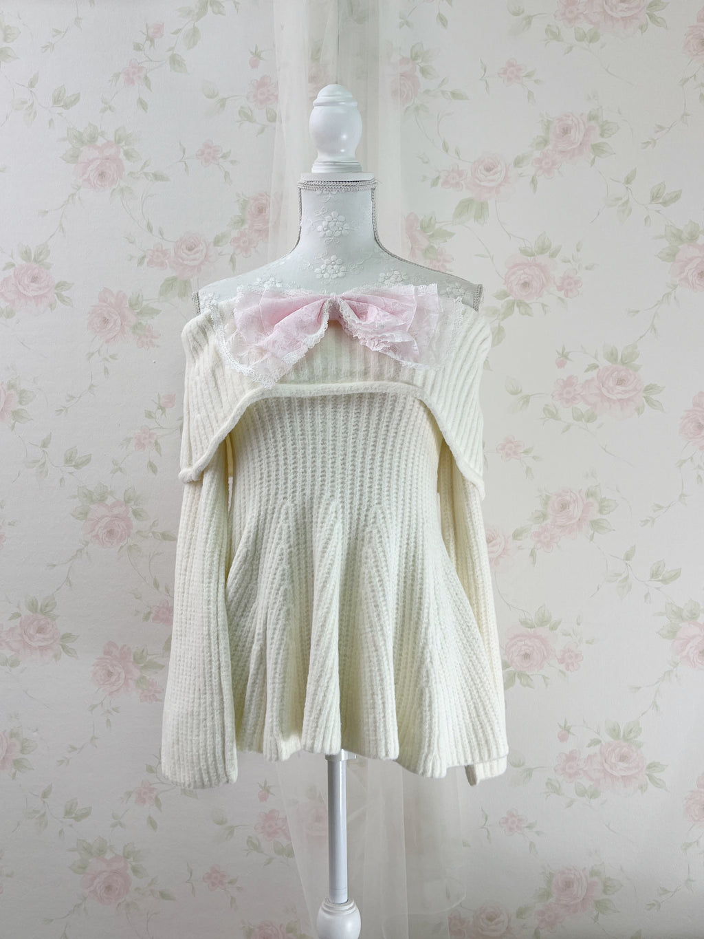 Off Shoulder Wide Sleeved Knit Top (Ivory)