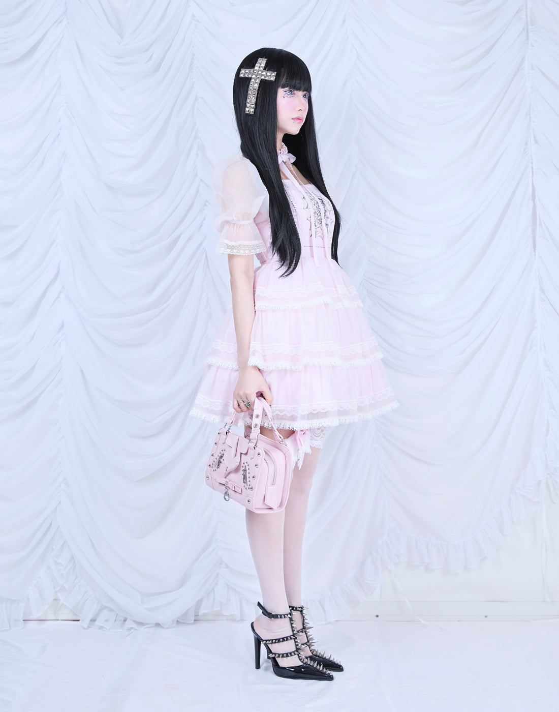 AVENCHUMU Frill choker sheer tiered illustration Dress