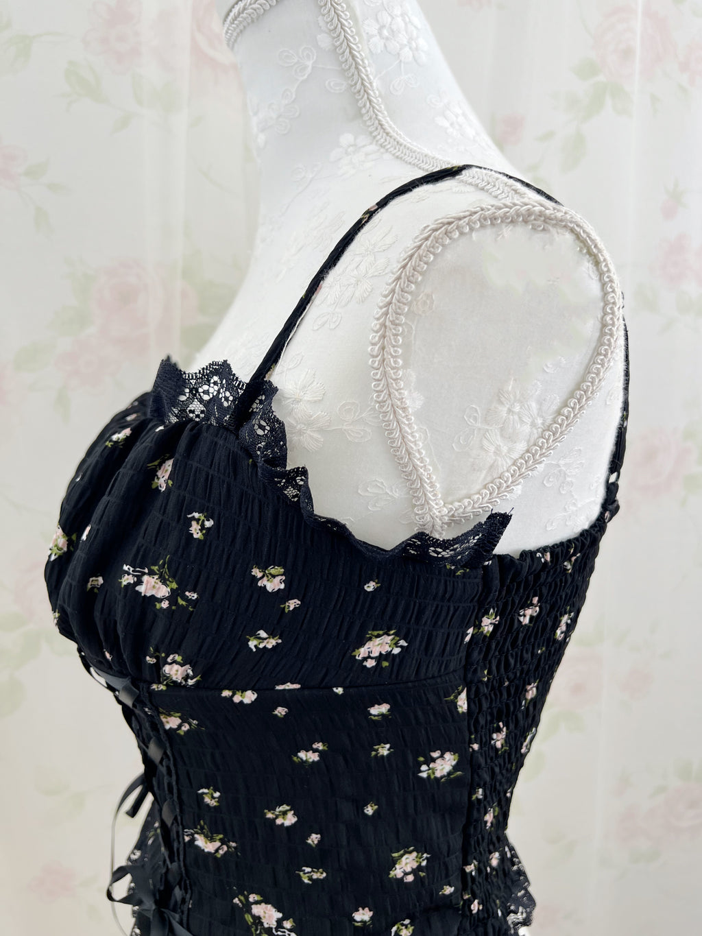 Petite Floral Laced Up Camisole (Black)