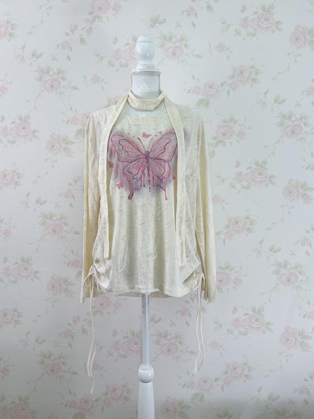 Butterfly Printed Damaged Long Sleeved Top
