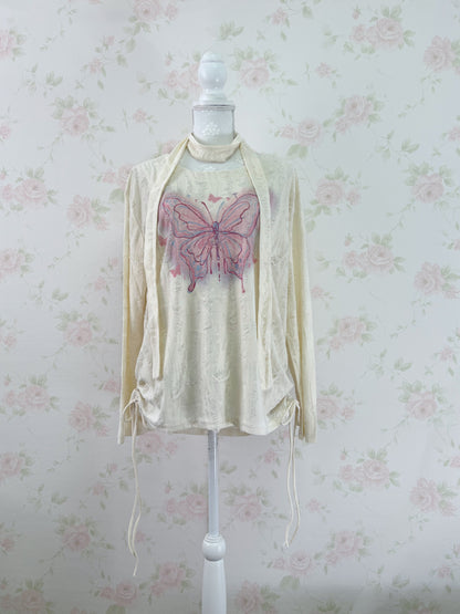 Butterfly Printed Damaged Long Sleeved Top