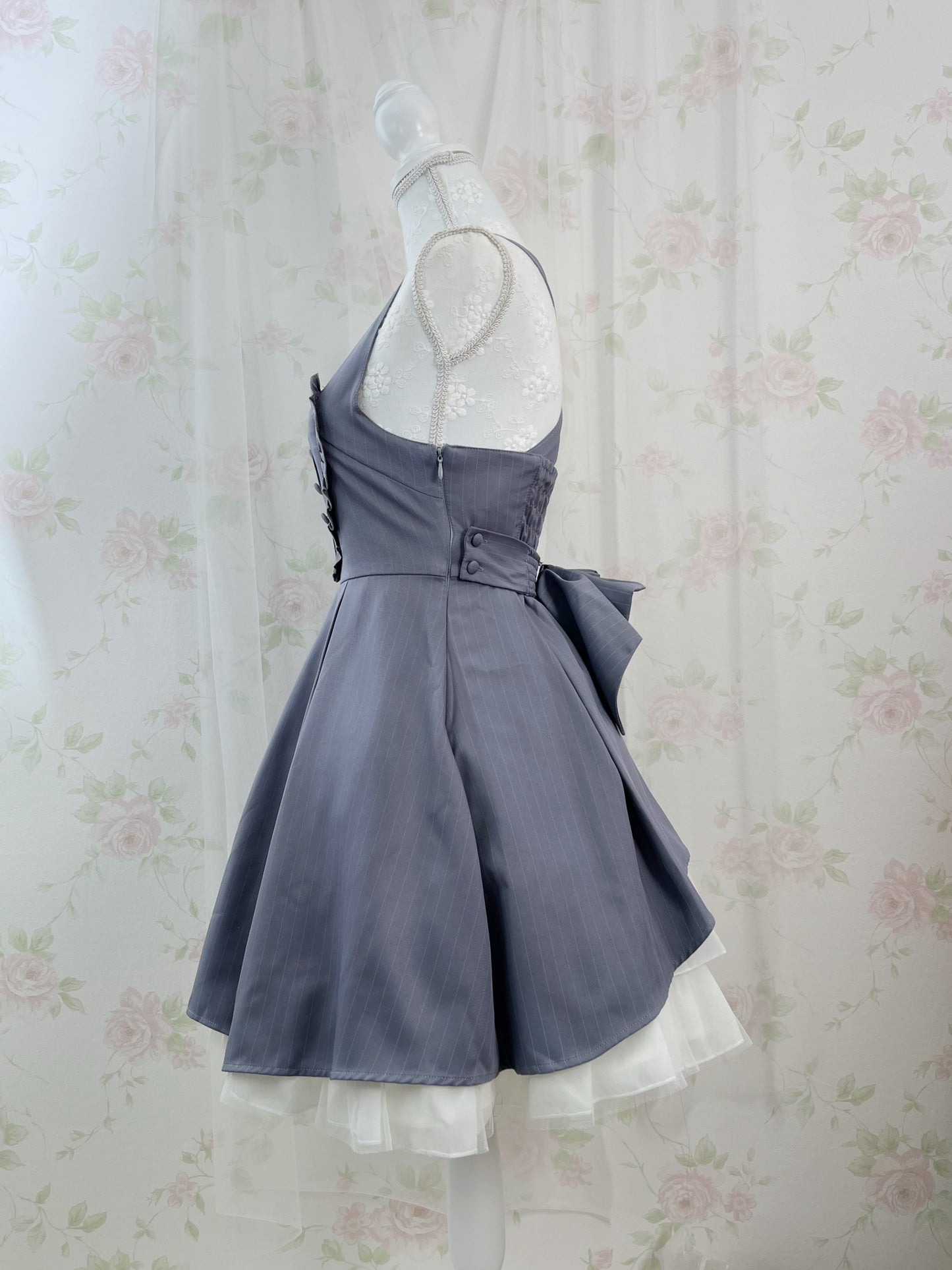 Secret Honey Heart Front Striped Jumper Skirt (Navy)