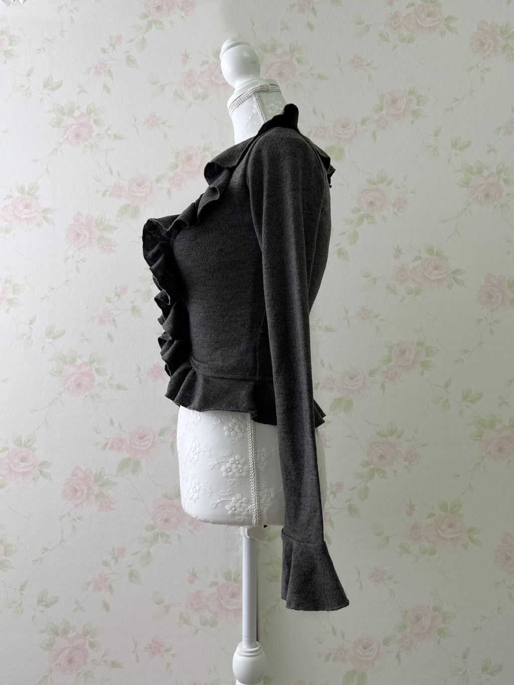 Ruffled V Neck Cardigan (Dark Gray)