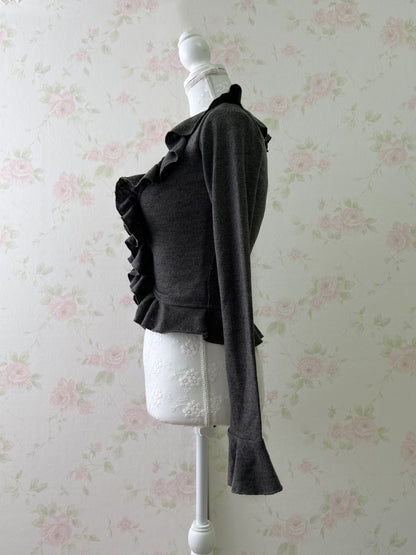 GRL Ruffled V Neck Cardigan (Dark Gray)