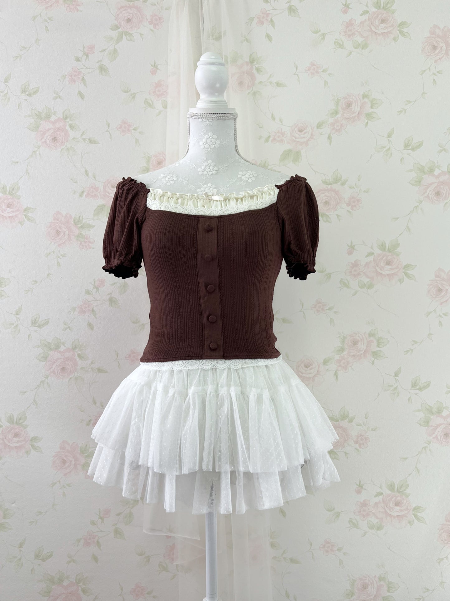 GRL Lace Shoujo Milkmaid Tops (Brown)