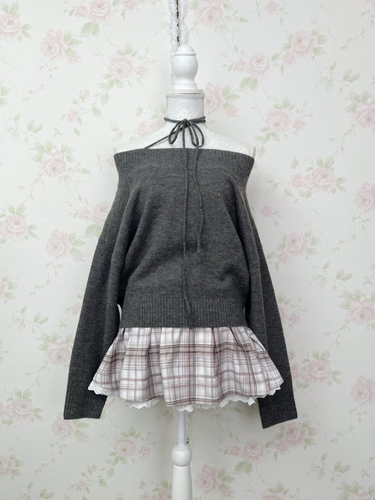 Pium Hem Lace Checked Skirt (Grayish Pink)