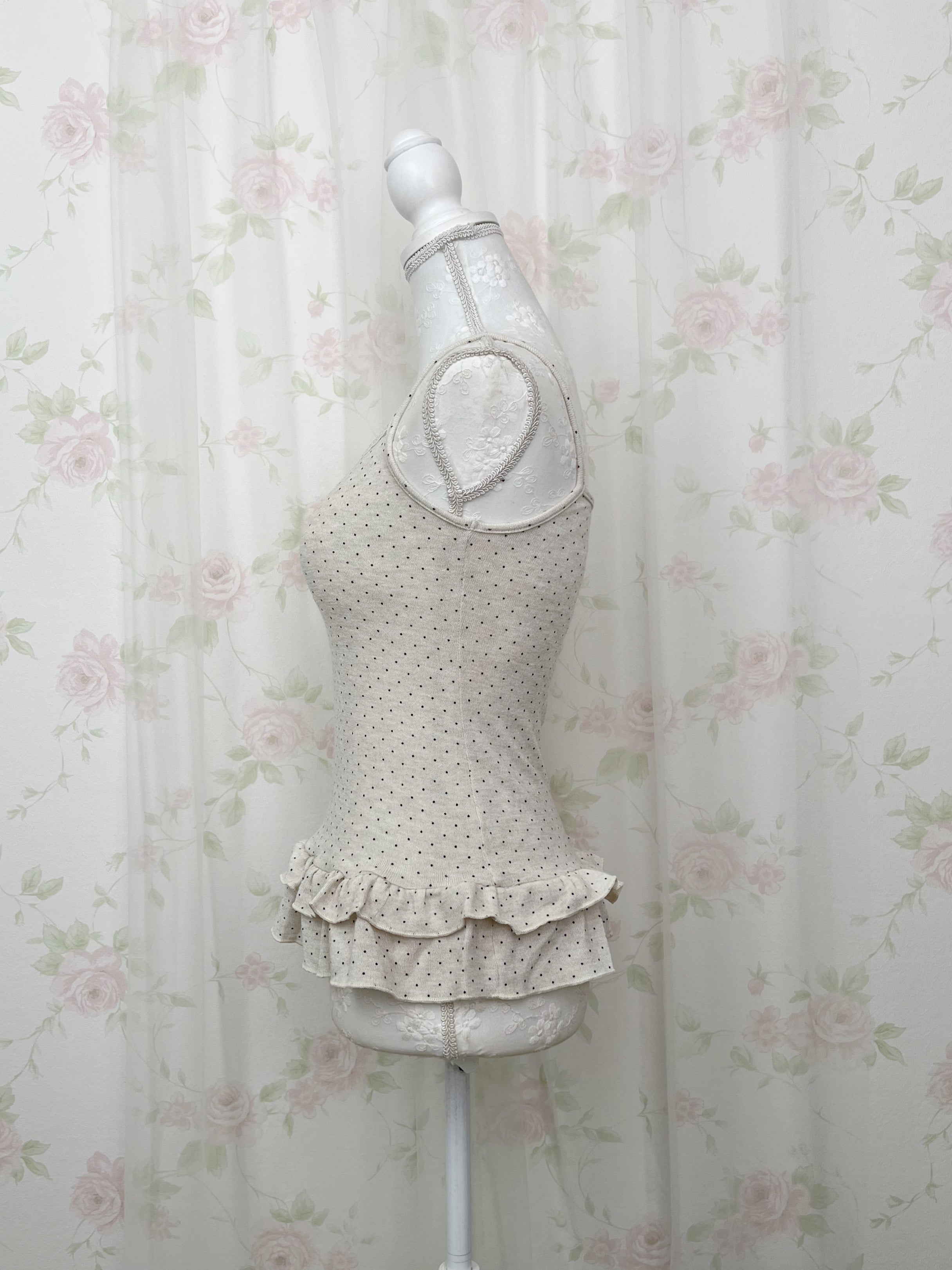 Polka Dot Cardigan Camisole Set (Beige)