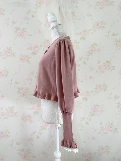 Gold Heart Button Cotton Lace Sleeve Cardigan (Pink)