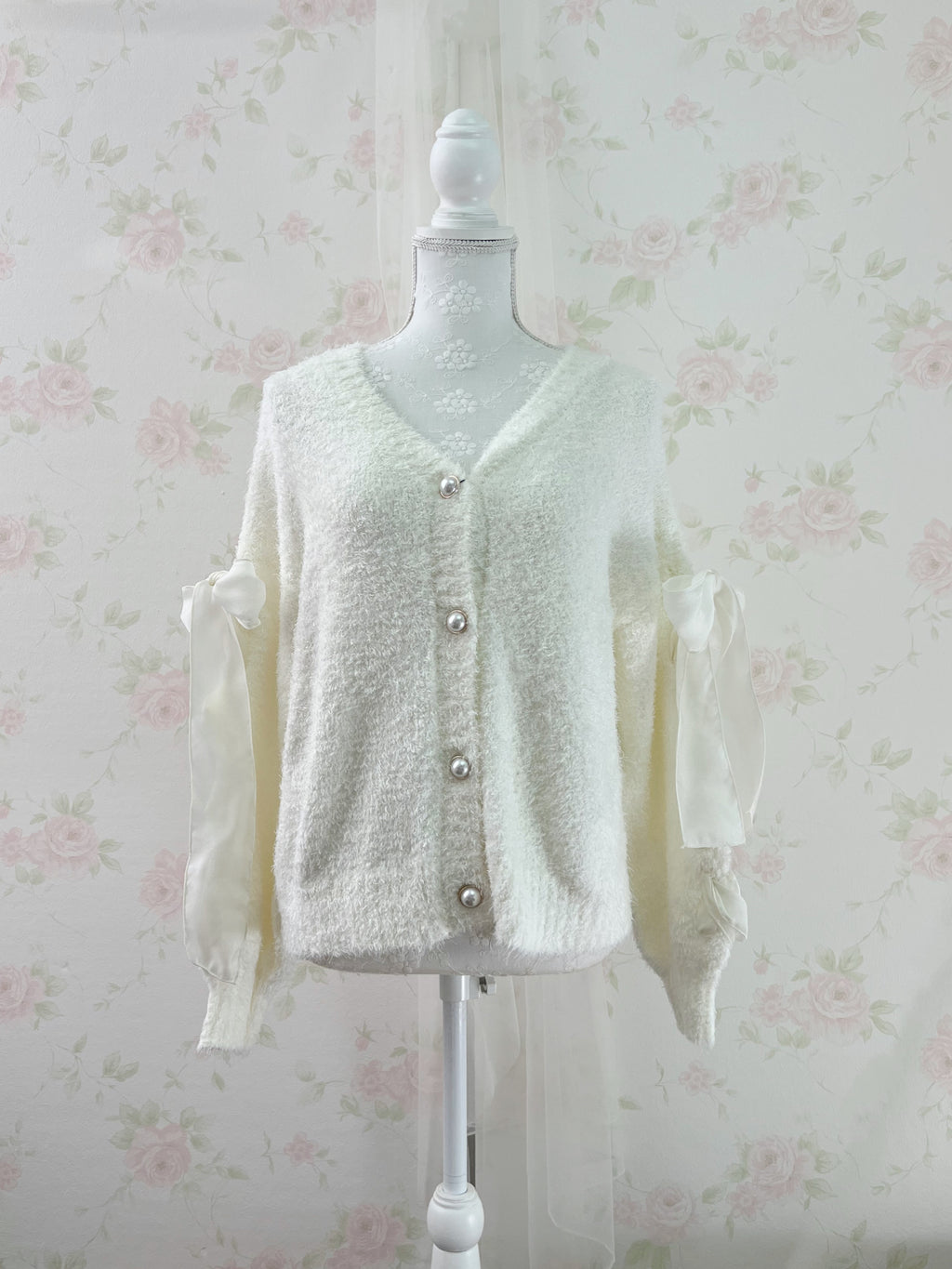 Laced Up Bow Shaggy Cardigan (Ivory)