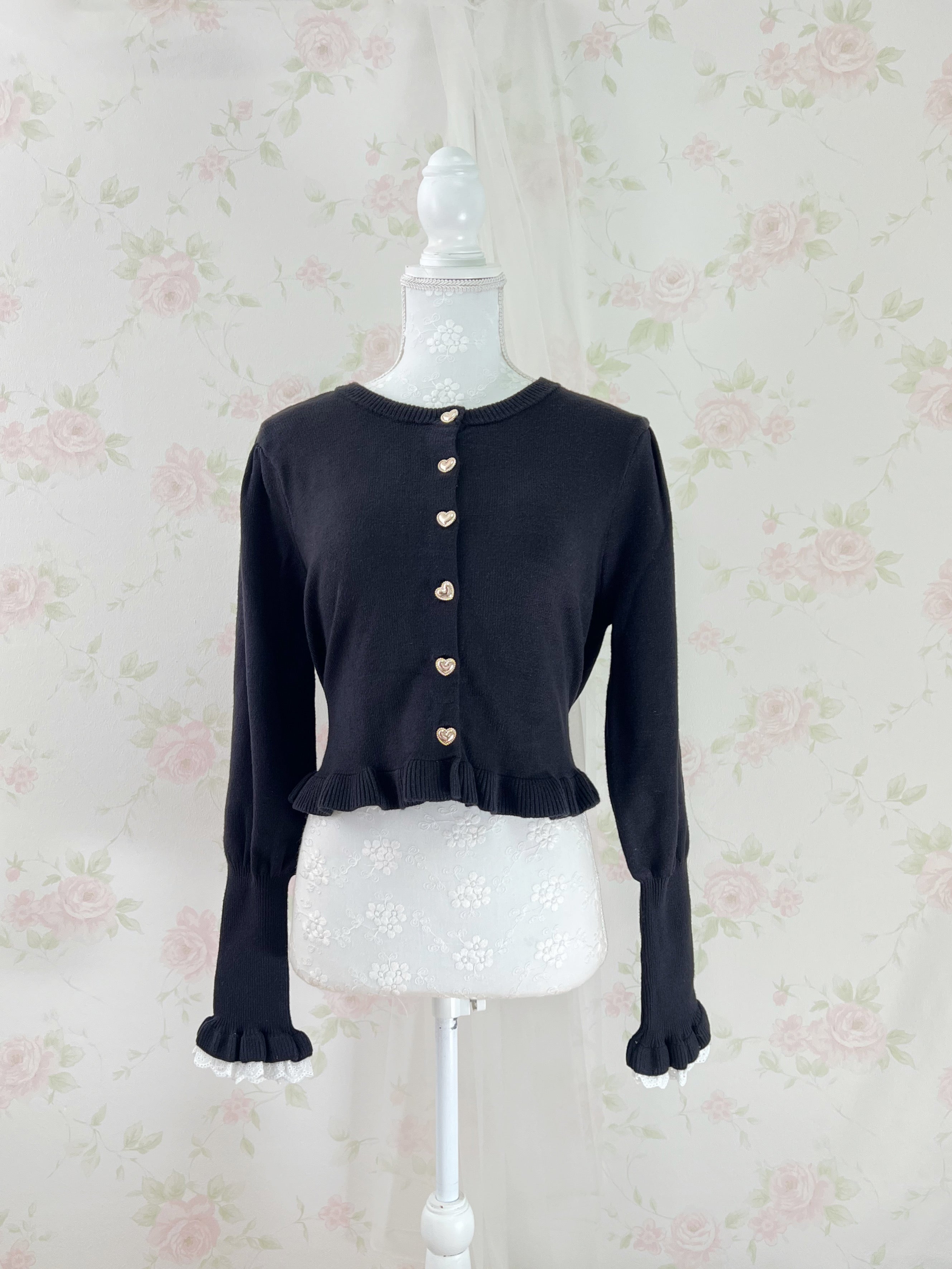 Gold Heart Button Cotton Lace Sleeve Cardigan (Black)
