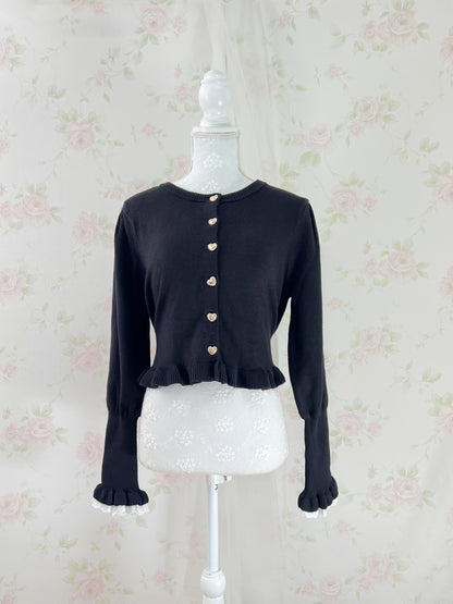 Gold Heart Button Cotton Lace Sleeve Cardigan (Black)