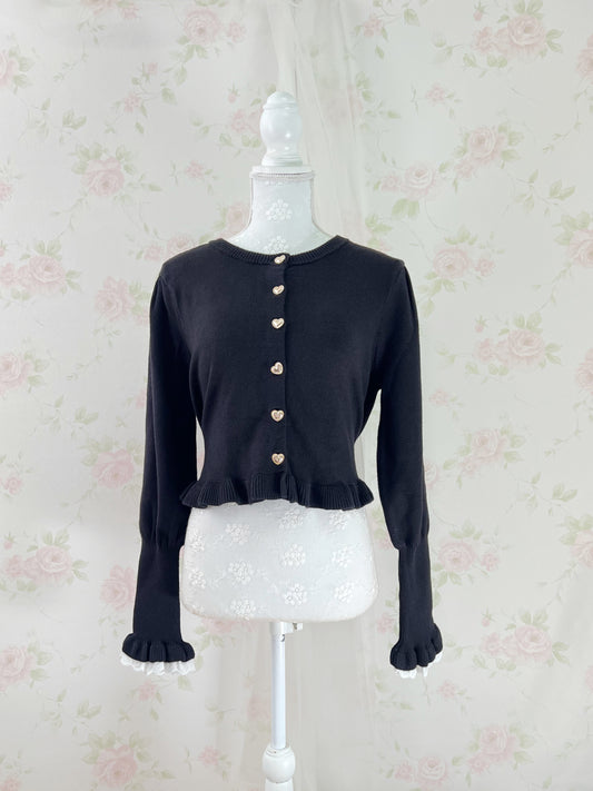 Gold Heart Button Cotton Lace Sleeve Cardigan (Black)