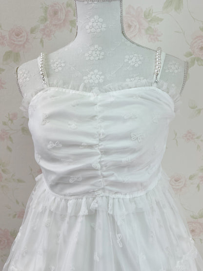 Ank Rouge Bow Patterned Pearl Strap Dress (Pure White)