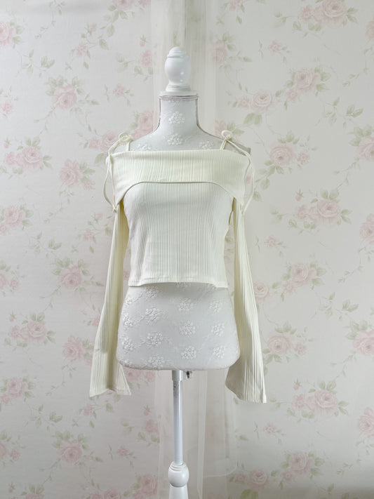 GRL Y2K Off Shoulder String Wide Sleeve Top (Ivory)