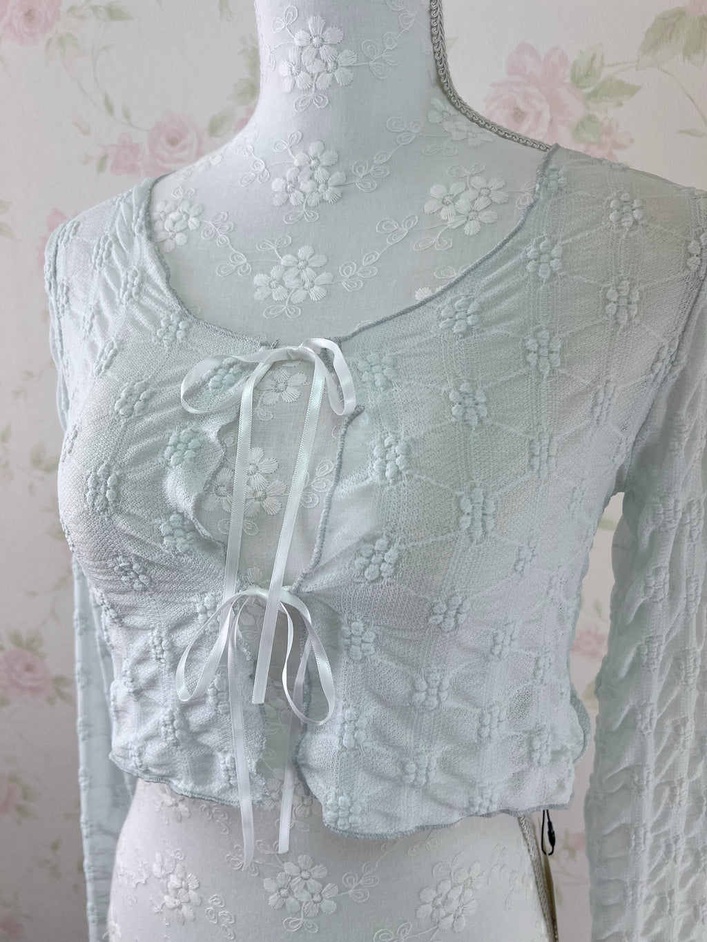Floral Embroidery Ribbon Cardigan (Mint Blue)