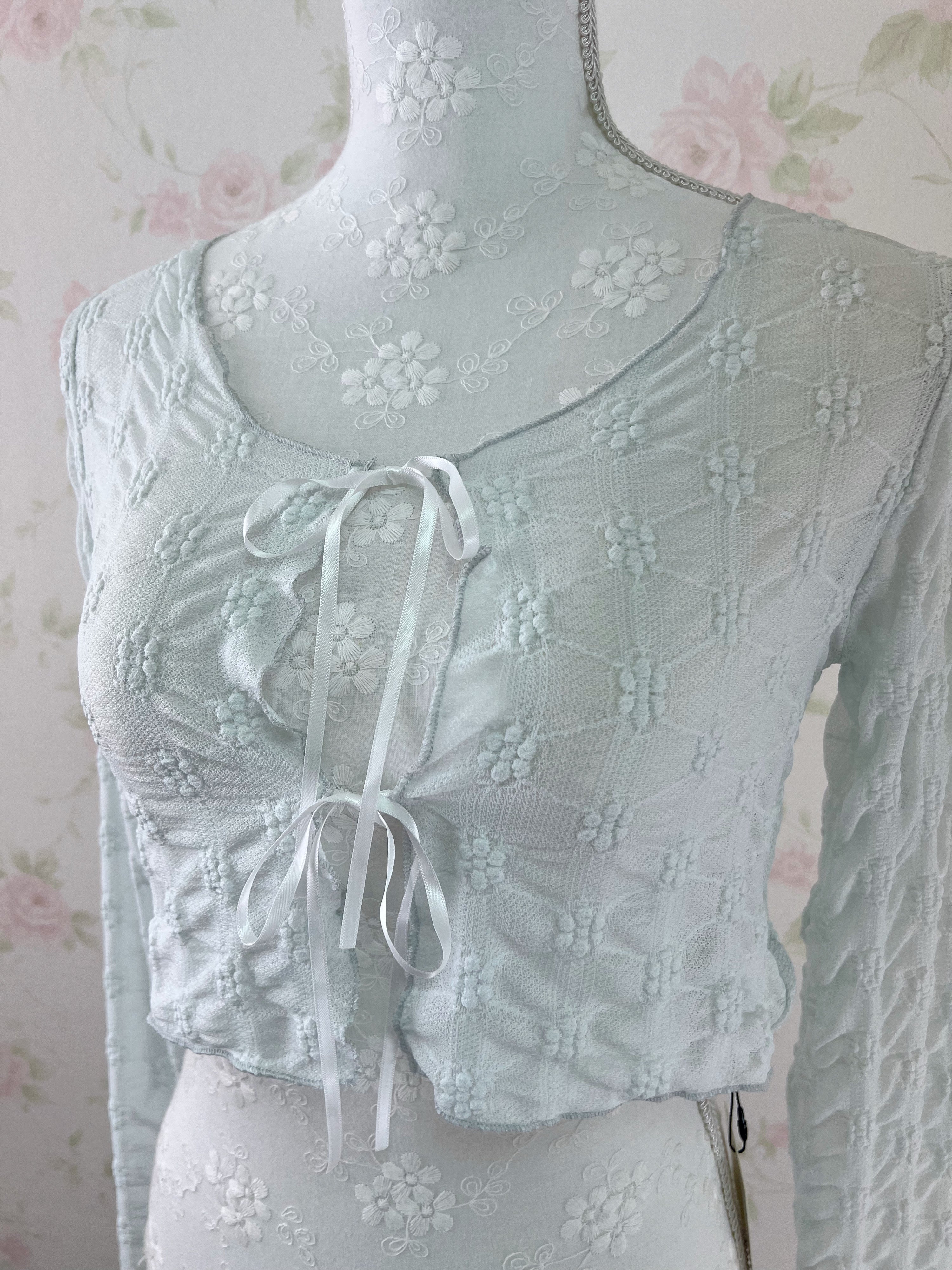 Floral Embroidery Ribbon Cardigan (Mint Blue)