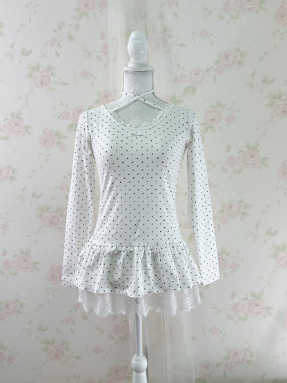 Olive des Polka Dot Lace Hem T-shirt (White)