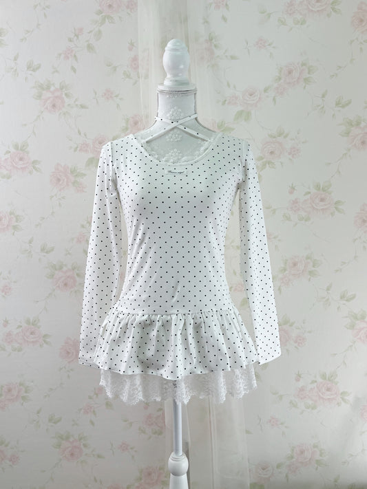 Olive des Polka Dot Lace Hem T-shirt (White)