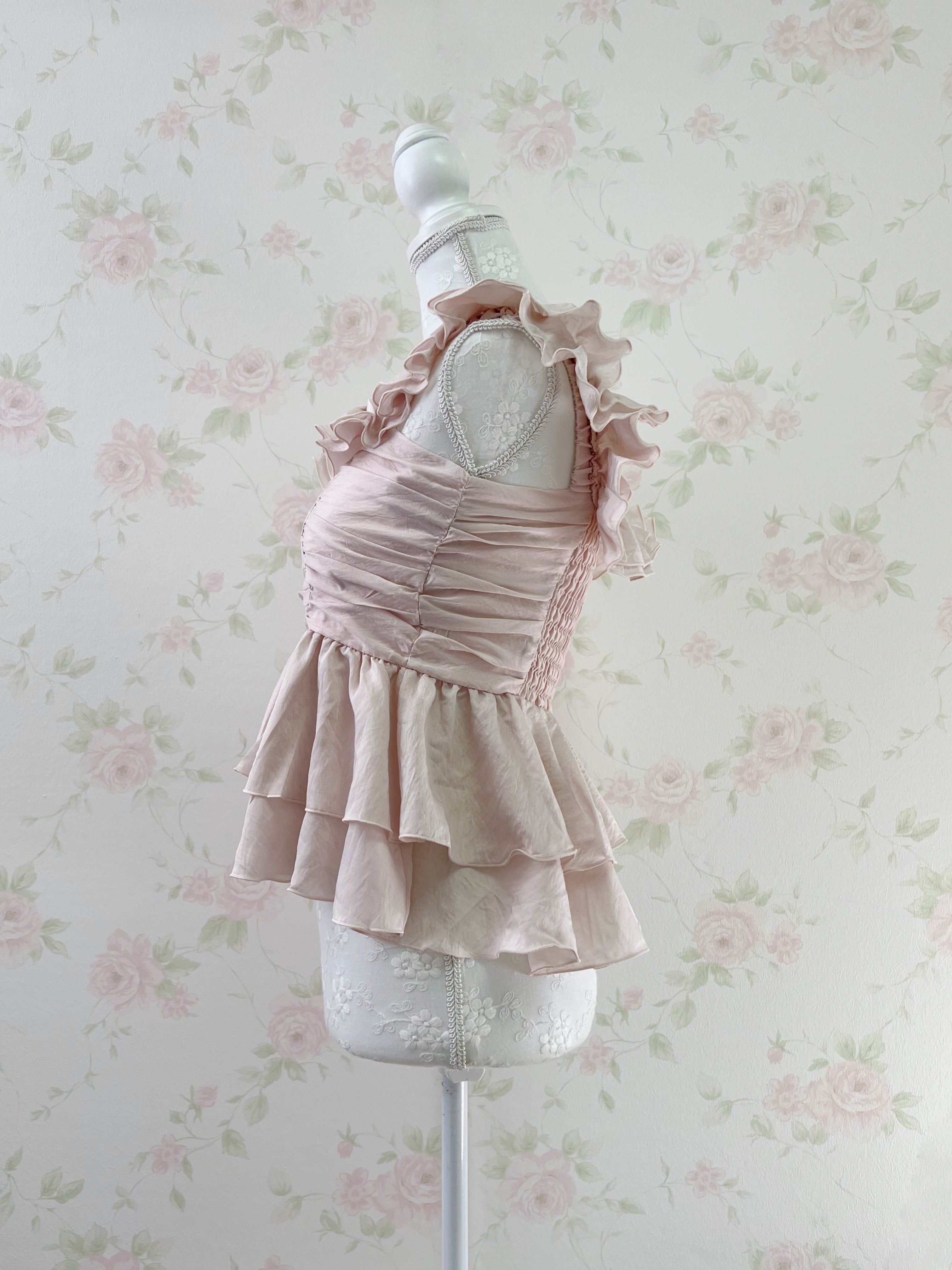 Ruffled Sleeve Peplum Top (Pink Beige)